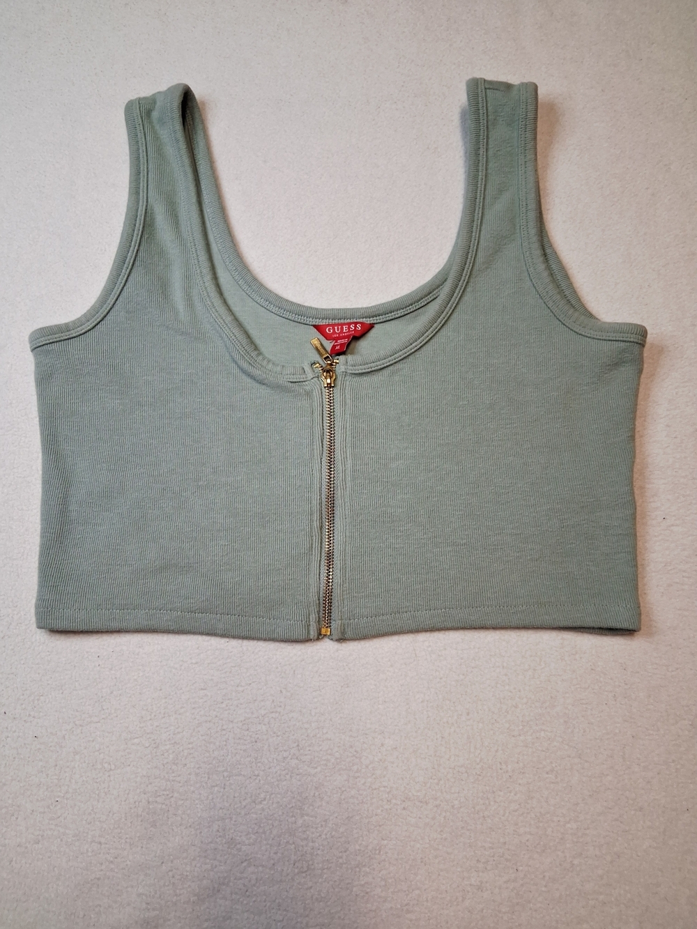 GUESS Sage Green Ribbed Zip-Front Crop Top